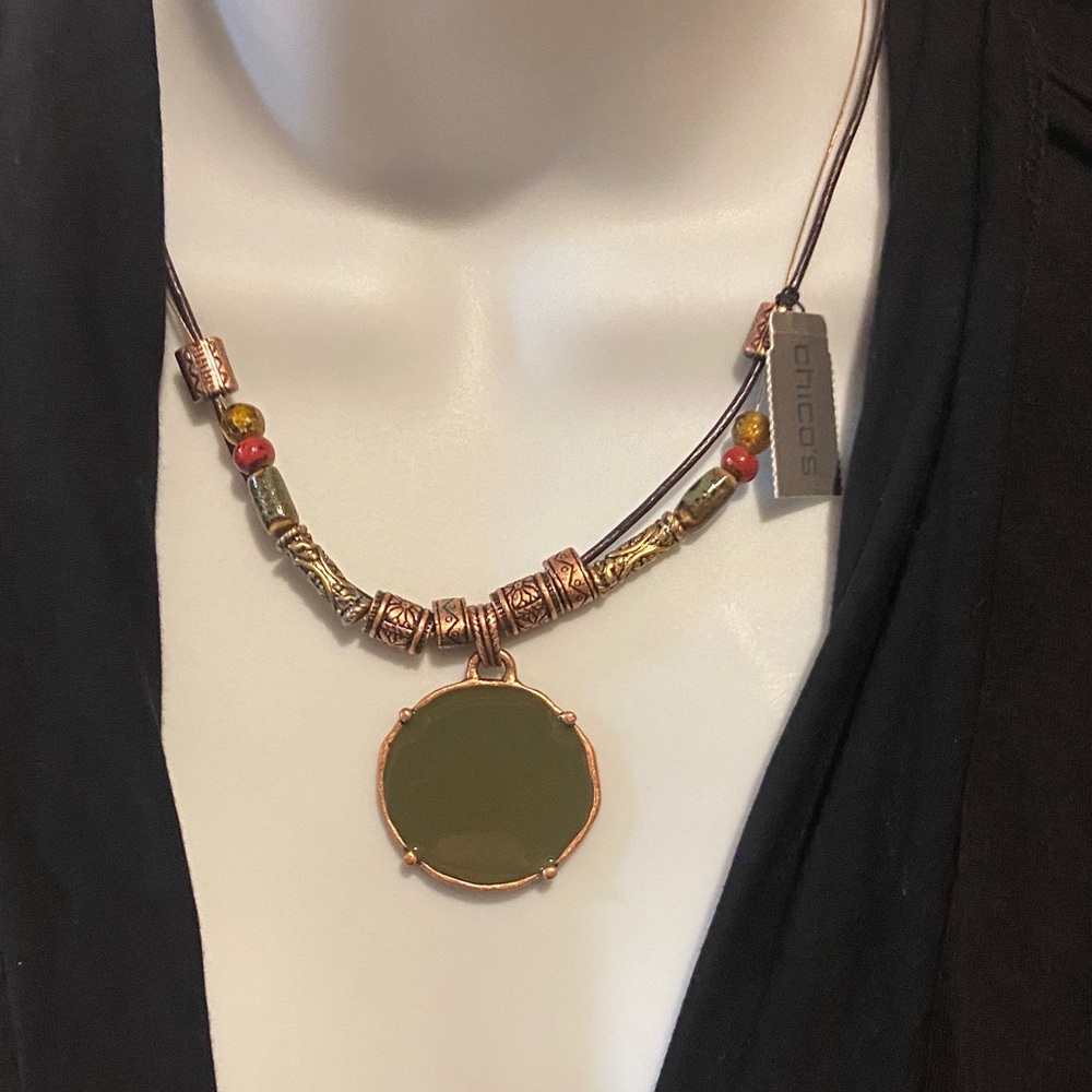 Chicos Green Stone Copper Necklace NWT